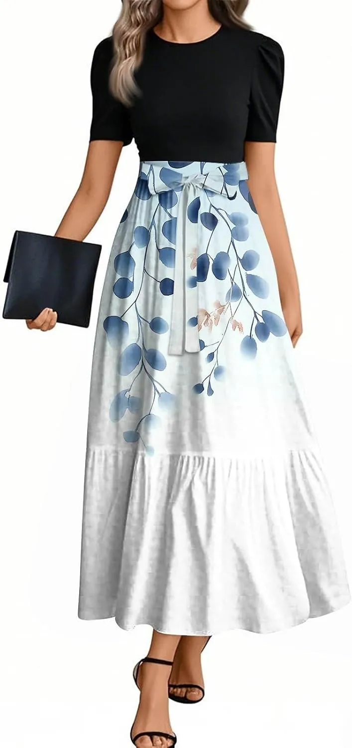 Summer Dresses for Women 2025 Short Sleeve Long Sundress Flowy Floral Maxi Dress Patchwork Ruffle Hem a Line Dress