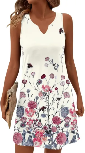 Summer Dresses for Women V Neck Sundresses Casual Beach Tank Dress Floral T Shirt Dresses Loose Sleeveless Sleep Dress