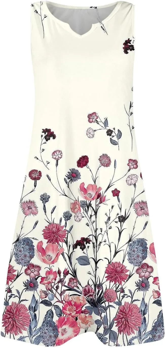 Summer Dresses for Women V Neck Sundresses Casual Beach Tank Dress Floral T Shirt Dresses Loose Sleeveless Sleep Dress
