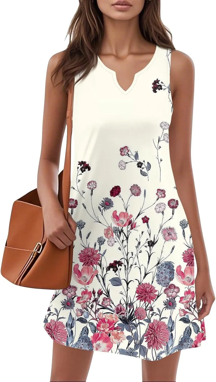 Summer Dresses for Women V Neck Sundresses Casual Beach Tank Dress Floral T Shirt Dresses Loose Sleeveless Sleep Dress