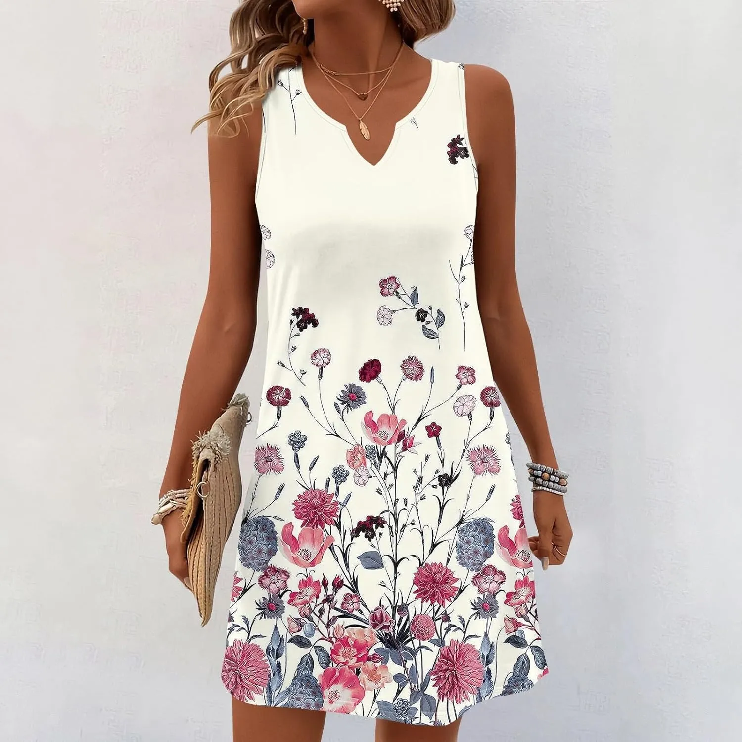 Summer Dresses for Women V Neck Sundresses Casual Beach Tank Dress Floral T Shirt Dresses Loose Sleeveless Sleep Dress