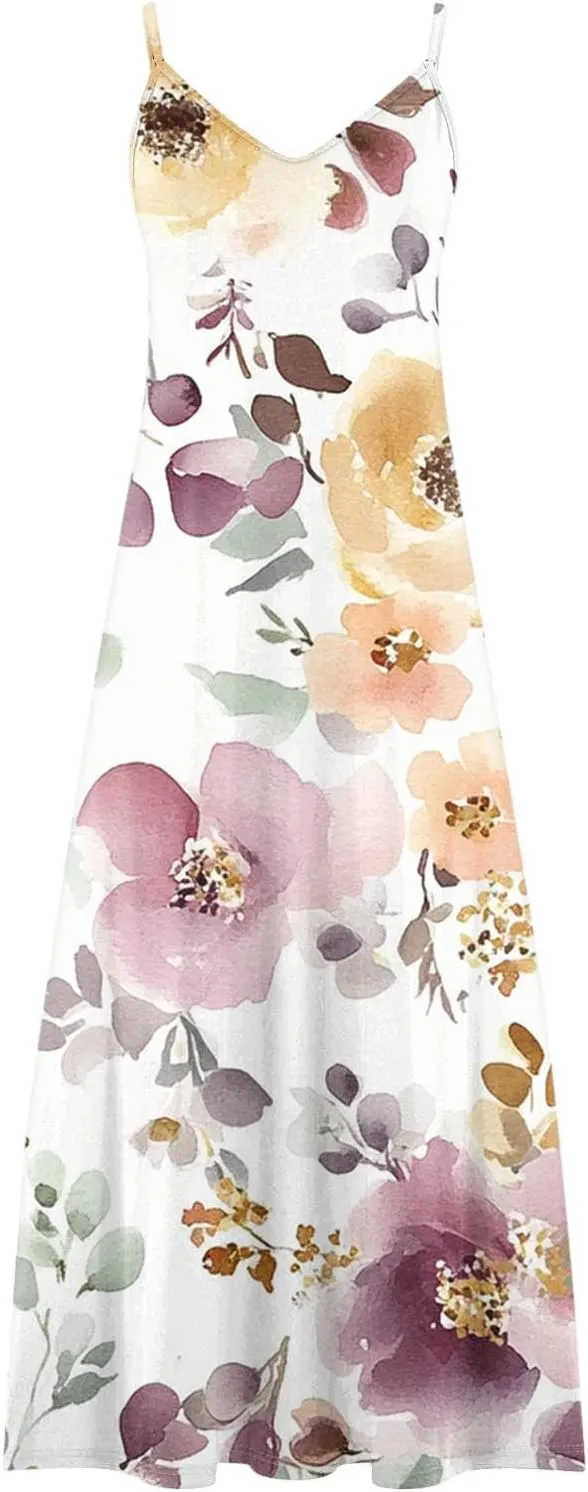 Sun Dresses for Women 2025 Flower Pattern Print Maxi Dresses Sleeveless Fashion Boho Beach Dresses
