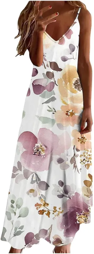 Sun Dresses for Women 2025 Flower Pattern Print Maxi Dresses Sleeveless Fashion Boho Beach Dresses