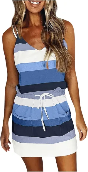Sundresses for Women 2024 Summer Dresses Boho Casual Sling Sleeveless Striped Contrast Beach Mini graduation Dress