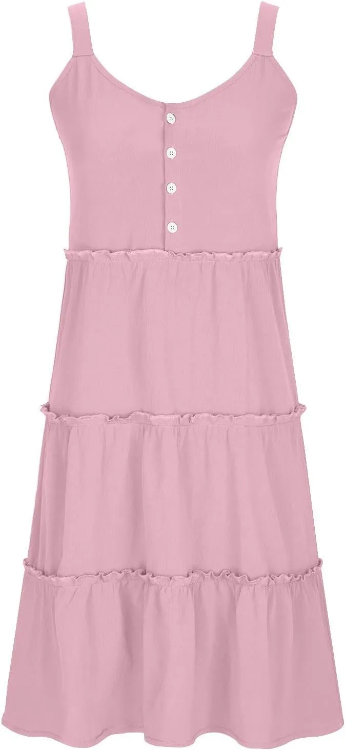 Sundresses for Women 2024 Trendy Summer Tank Dress Sleeveless Crewneck Button Down Ruffle Tiered Casual Swing Mini Dress