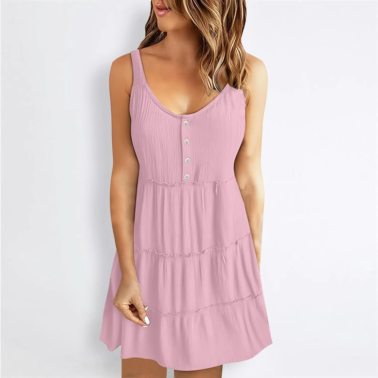 Sundresses for Women 2024 Trendy Summer Tank Dress Sleeveless Crewneck Button Down Ruffle Tiered Casual Swing Mini Dress