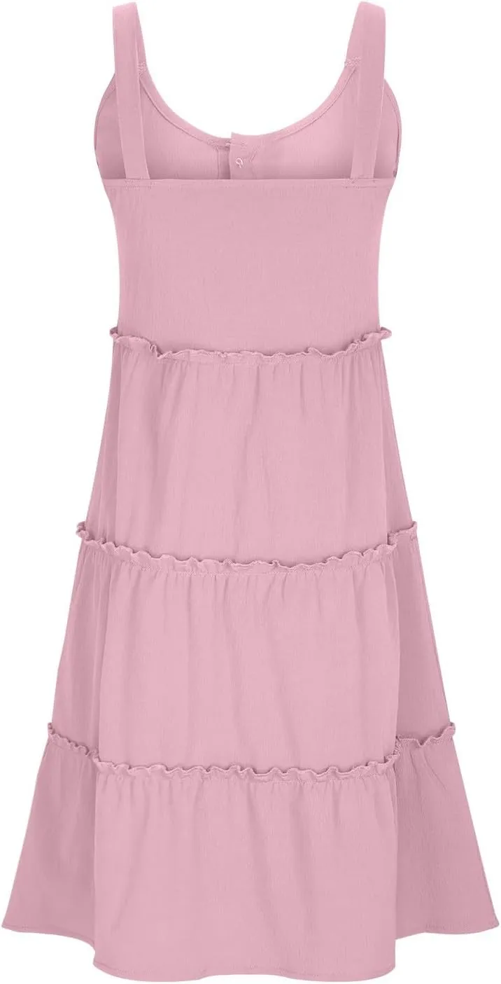 Sundresses for Women 2024 Trendy Summer Tank Dress Sleeveless Crewneck Button Down Ruffle Tiered Casual Swing Mini Dress