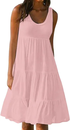 Sundresses for Women 2025 Vacation Summer Beach Dresses Casual Flowy Knee Length Tshirt Dress Sleeveless Ruffle Dress