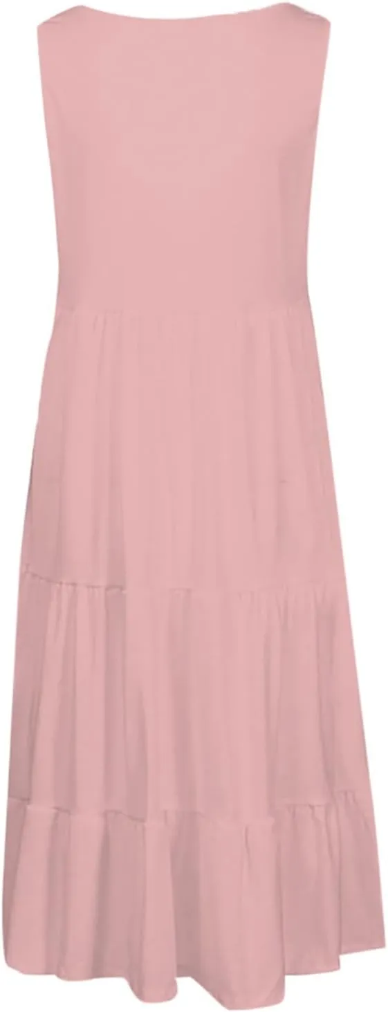 Sundresses for Women 2025 Vacation Summer Beach Dresses Casual Flowy Knee Length Tshirt Dress Sleeveless Ruffle Dress