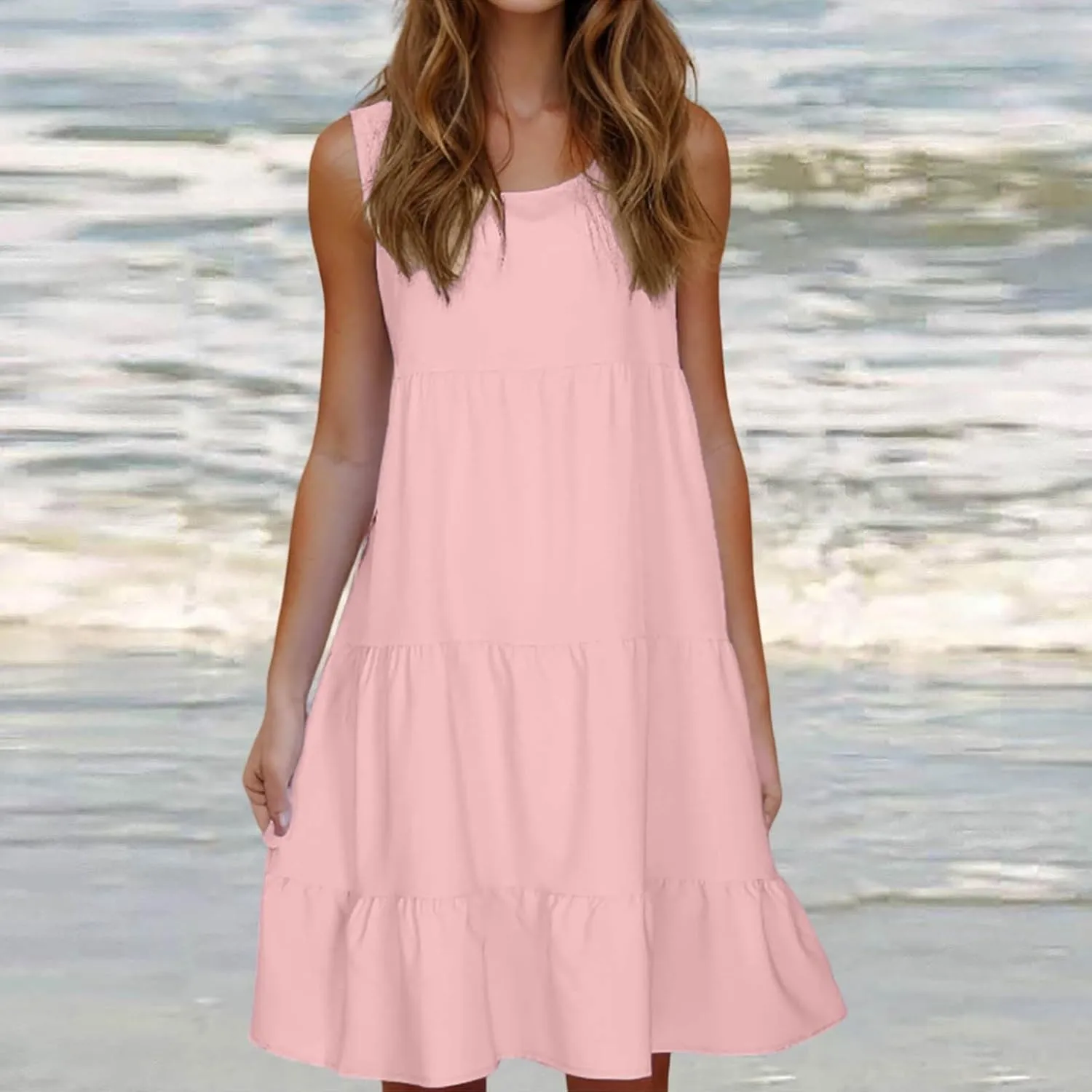 Sundresses for Women 2025 Vacation Summer Beach Dresses Casual Flowy Knee Length Tshirt Dress Sleeveless Ruffle Dress