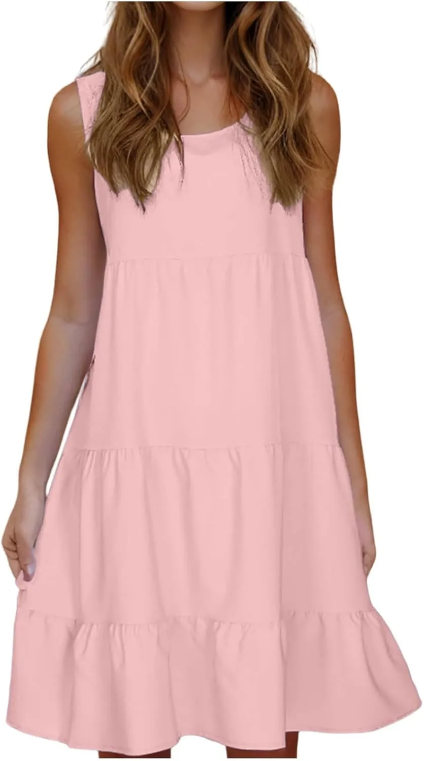 Sundresses for Women 2025 Vacation Summer Beach Dresses Casual Flowy Knee Length Tshirt Dress Sleeveless Ruffle Dress