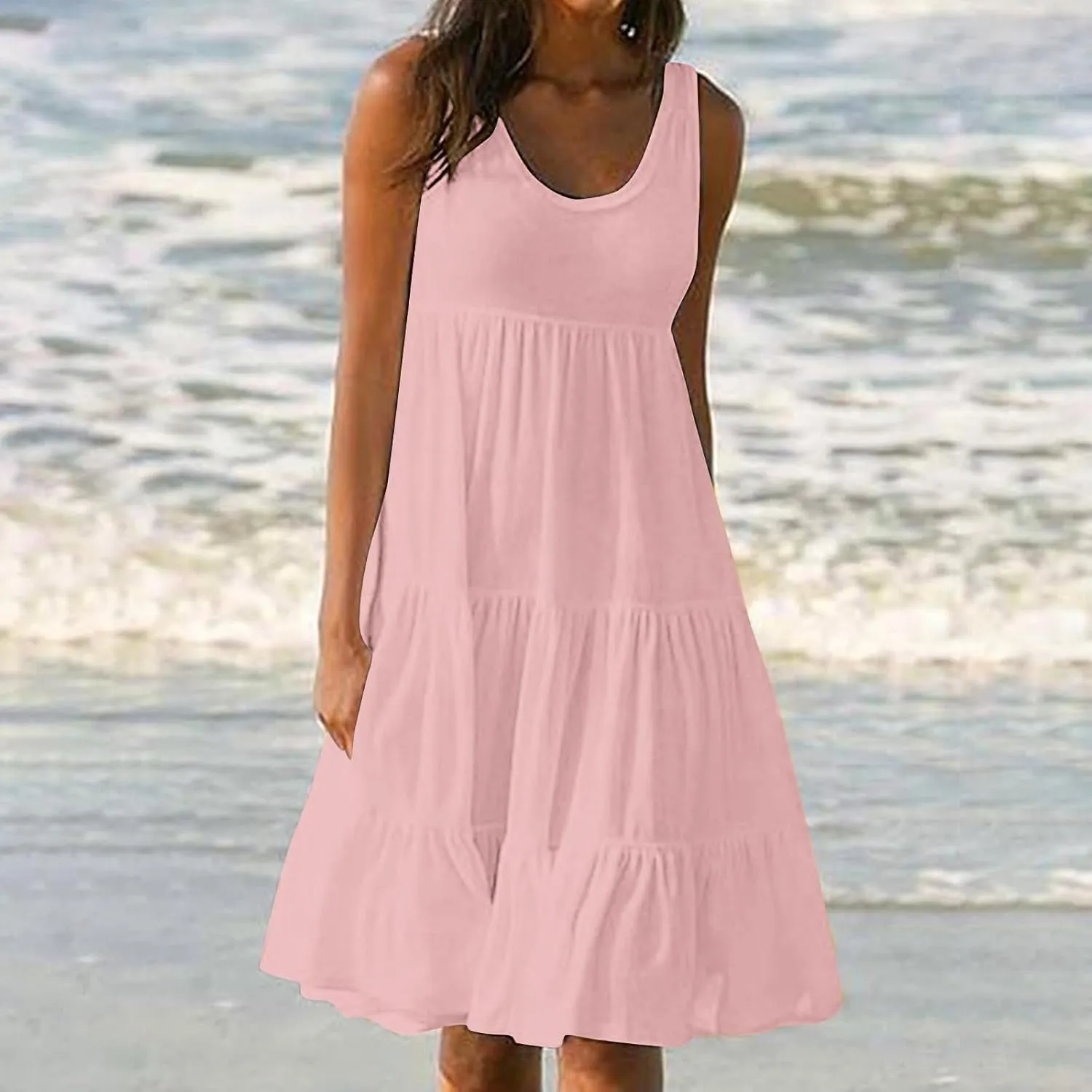 Sundresses for Women 2025 Vacation Summer Beach Dresses Casual Flowy Knee Length Tshirt Dress Sleeveless Ruffle Dress