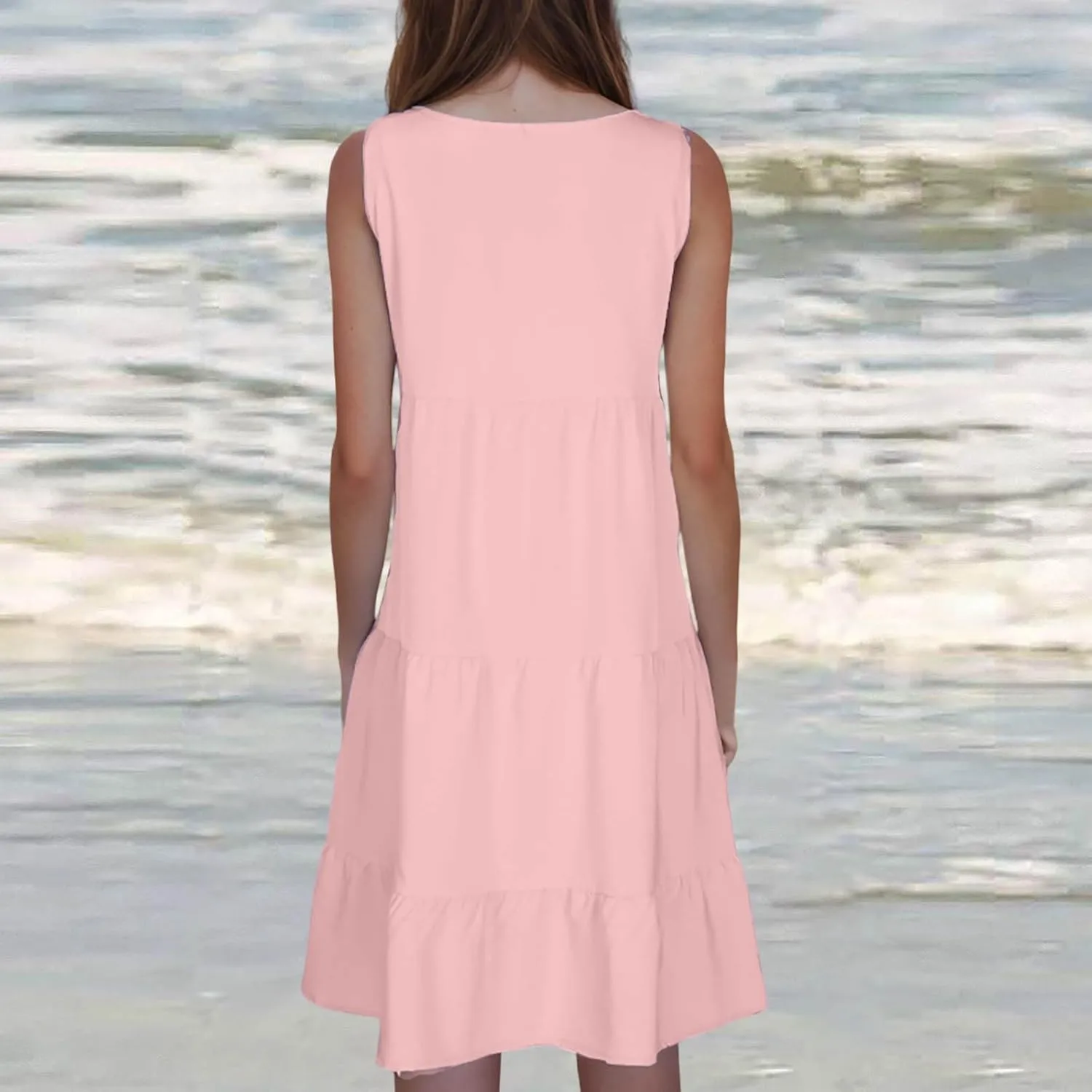 Sundresses for Women 2025 Vacation Summer Beach Dresses Casual Flowy Knee Length Tshirt Dress Sleeveless Ruffle Dress