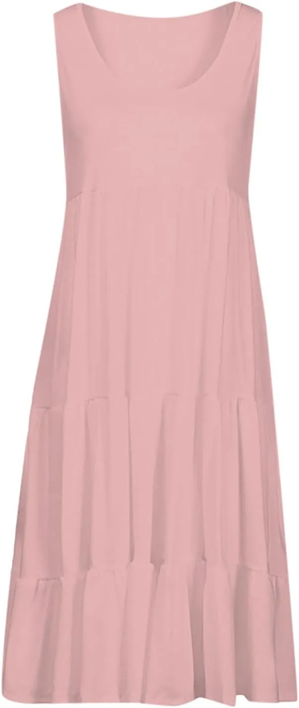 Sundresses for Women 2025 Vacation Summer Beach Dresses Casual Flowy Knee Length Tshirt Dress Sleeveless Ruffle Dress