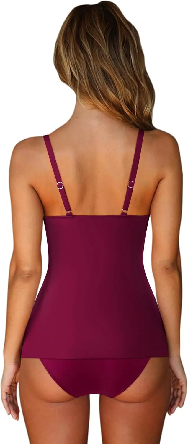 SUUKSESS Women's Tummy Control Tankini Swimsuit Push Up Knot Front Bathing Suits
