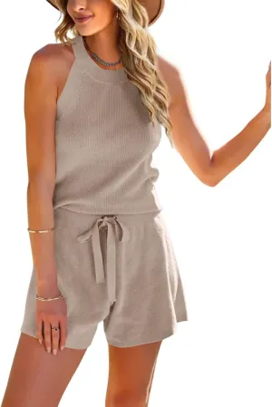 SySea Women's Summer 2 Piece Outfits Knit Halter Tank Top and Shorts Lounge Set