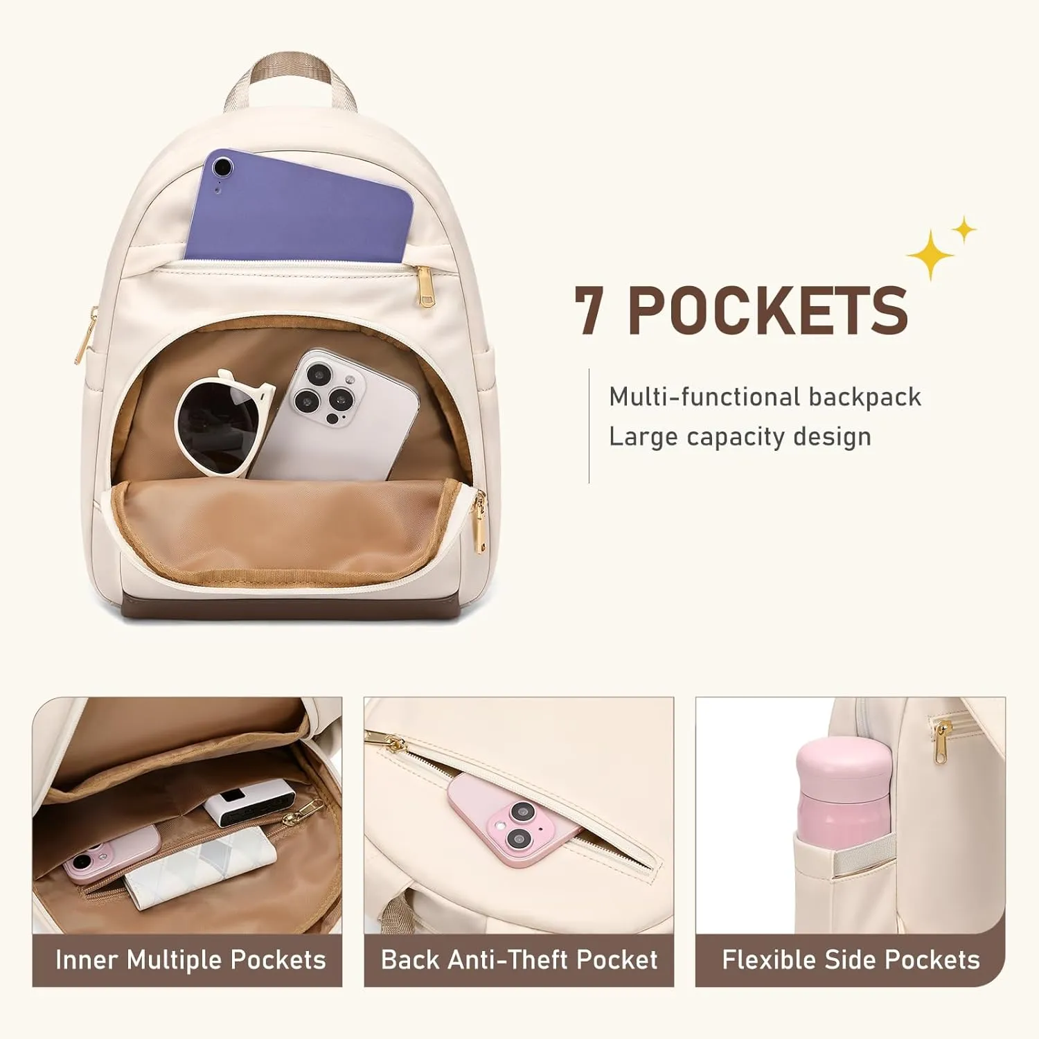 TENSTAR Mini Backpack for Women Stylish Waterproof Back pack Purse, Light Weight Daypack Purses Daily Backpack Cute Bookbag for College Travel, Apricot