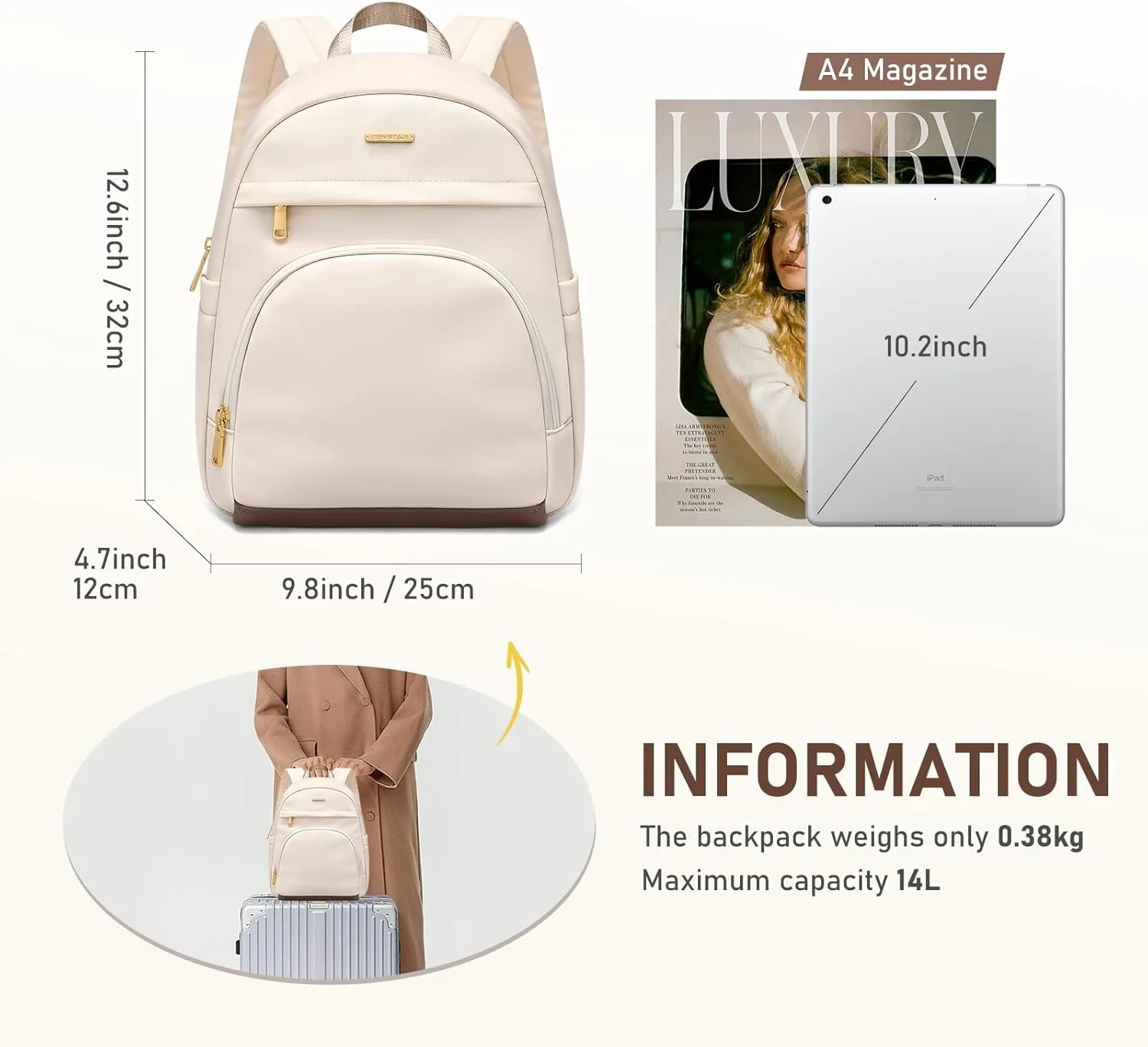 TENSTAR Mini Backpack for Women Stylish Waterproof Back pack Purse, Light Weight Daypack Purses Daily Backpack Cute Bookbag for College Travel, Apricot