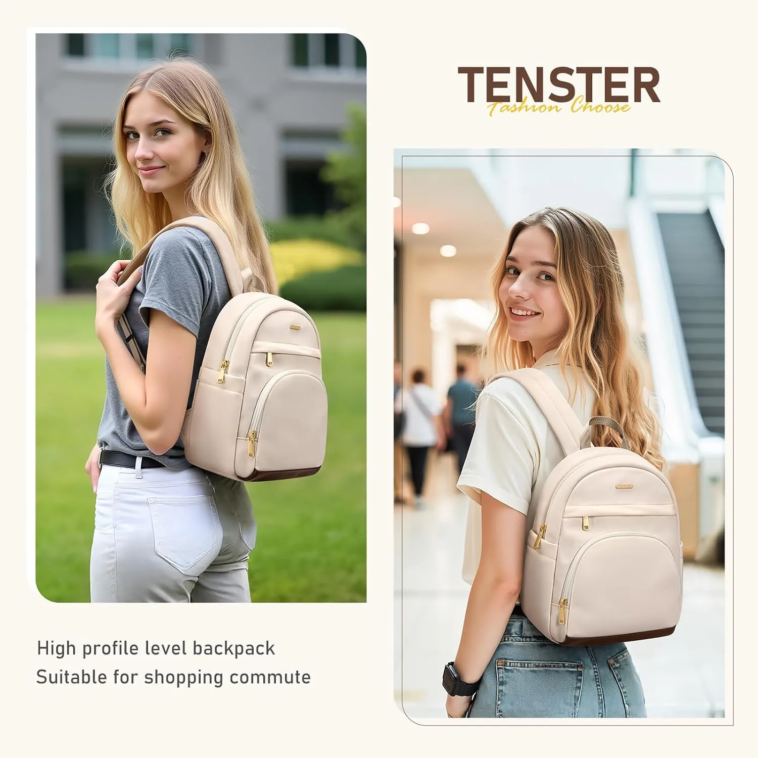 TENSTAR Mini Backpack for Women Stylish Waterproof Back pack Purse, Light Weight Daypack Purses Daily Backpack Cute Bookbag for College Travel, Apricot