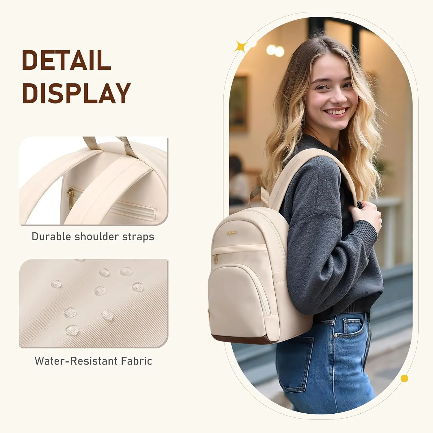 TENSTAR Mini Backpack for Women Stylish Waterproof Back pack Purse, Light Weight Daypack Purses Daily Backpack Cute Bookbag for College Travel, Apricot