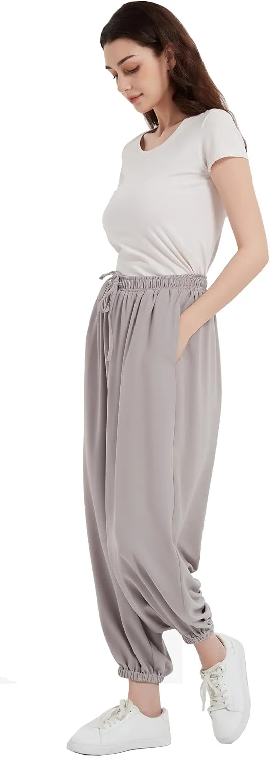 Tronjori Womens Baggy Elastic Waistband Pants High Waist Casual Wide Leg Loose Trousers Drawstring Cinch Bottom