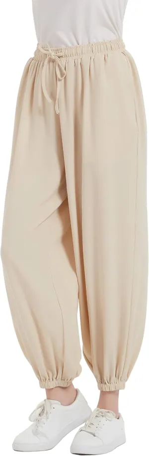 Tronjori Womens Baggy Elastic Waistband Pants High Waist Casual Wide Leg Loose Trousers Drawstring Cinch Bottom