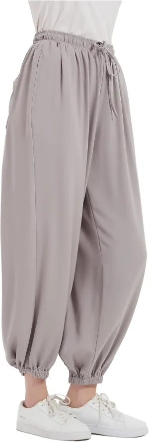 Tronjori Womens Baggy Elastic Waistband Pants High Waist Casual Wide Leg Loose Trousers Drawstring Cinch Bottom