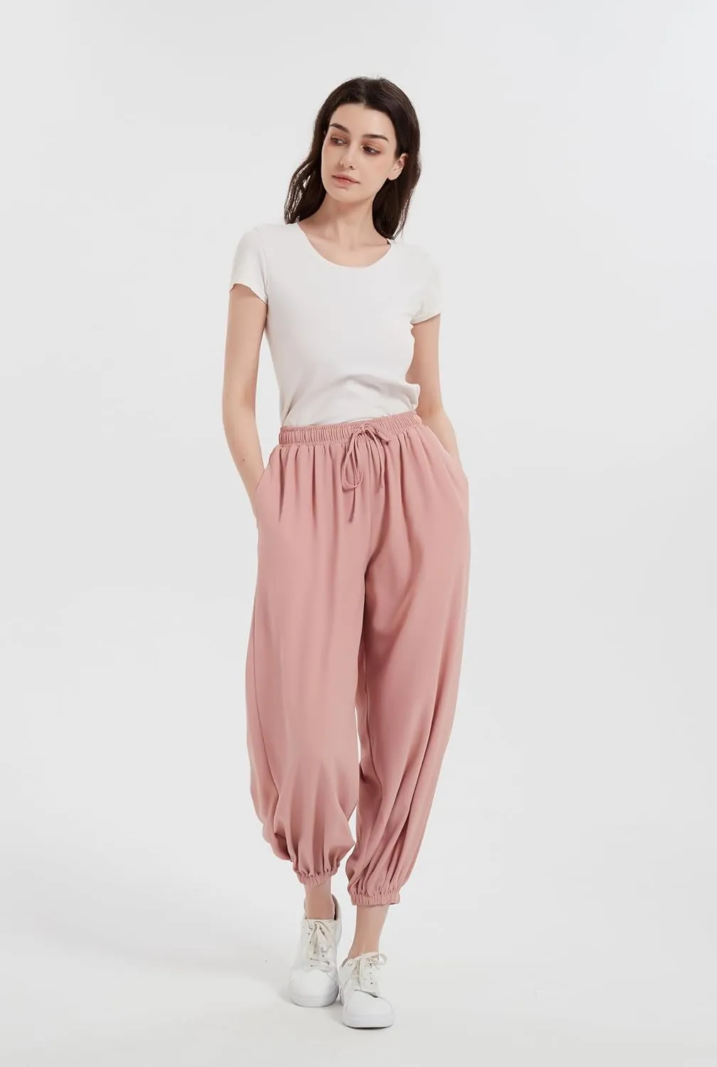 Tronjori Womens Baggy Elastic Waistband Pants High Waist Casual Wide Leg Loose Trousers Drawstring Cinch Bottom