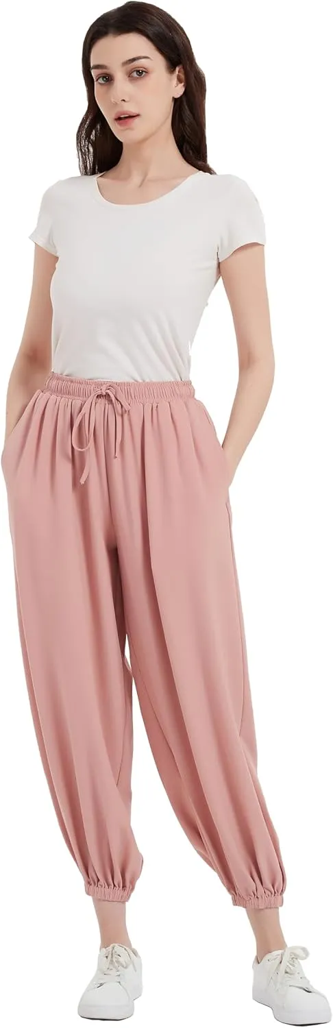 Tronjori Womens Baggy Elastic Waistband Pants High Waist Casual Wide Leg Loose Trousers Drawstring Cinch Bottom