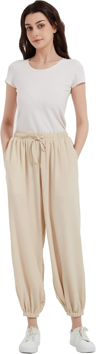 Tronjori Womens Baggy Elastic Waistband Pants High Waist Casual Wide Leg Loose Trousers Drawstring Cinch Bottom