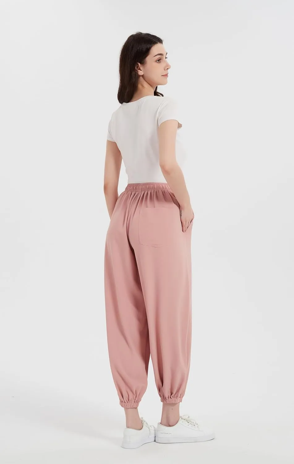 Tronjori Womens Baggy Elastic Waistband Pants High Waist Casual Wide Leg Loose Trousers Drawstring Cinch Bottom