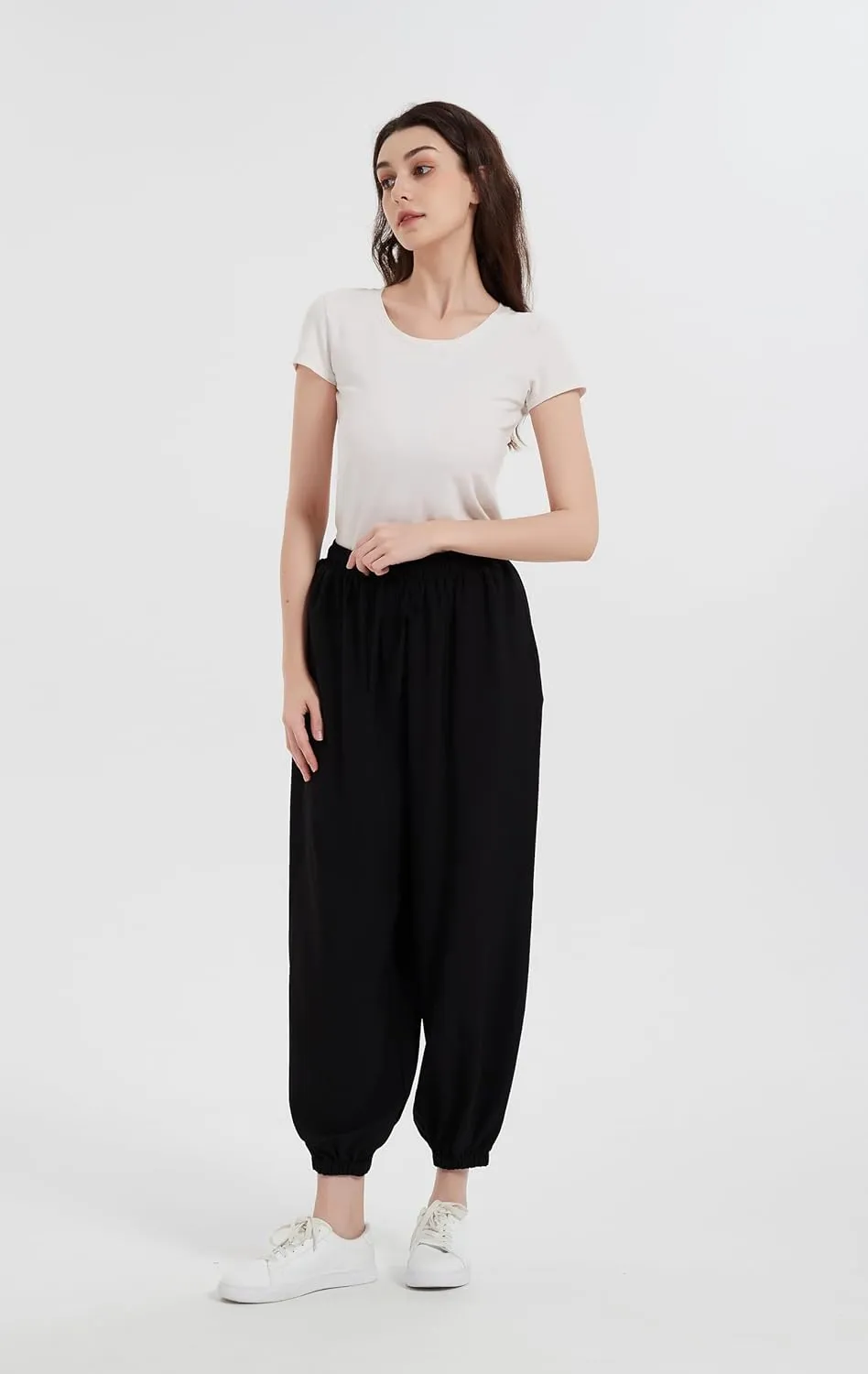 Tronjori Womens Baggy Elastic Waistband Pants High Waist Casual Wide Leg Loose Trousers Drawstring Cinch Bottom