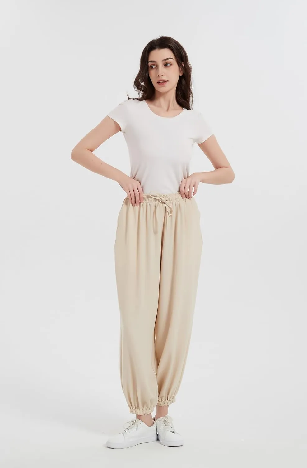 Tronjori Womens Baggy Elastic Waistband Pants High Waist Casual Wide Leg Loose Trousers Drawstring Cinch Bottom