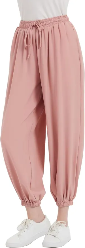 Tronjori Womens Baggy Elastic Waistband Pants High Waist Casual Wide Leg Loose Trousers Drawstring Cinch Bottom