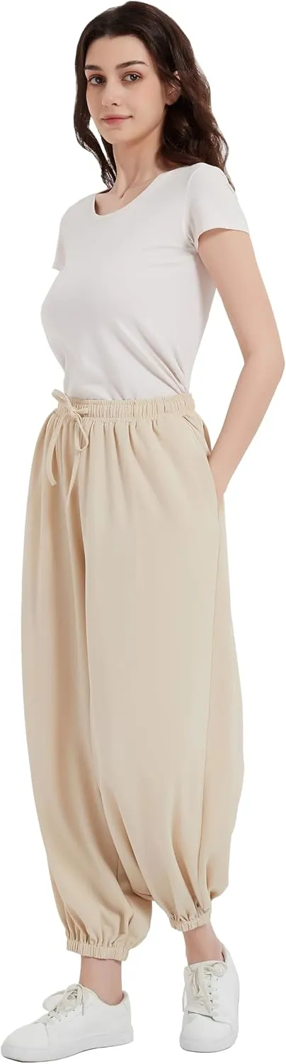Tronjori Womens Baggy Elastic Waistband Pants High Waist Casual Wide Leg Loose Trousers Drawstring Cinch Bottom