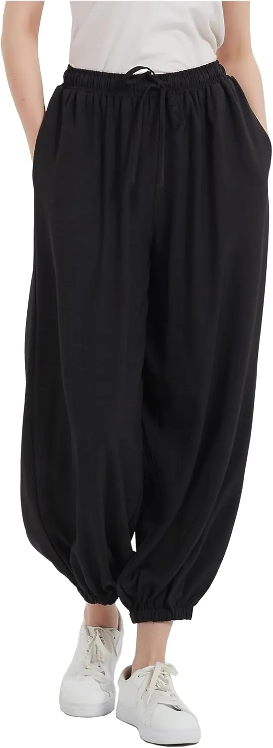 Tronjori Womens Baggy Elastic Waistband Pants High Waist Casual Wide Leg Loose Trousers Drawstring Cinch Bottom
