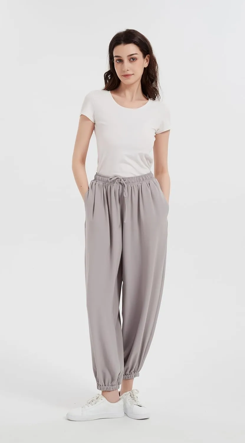 Tronjori Womens Baggy Elastic Waistband Pants High Waist Casual Wide Leg Loose Trousers Drawstring Cinch Bottom
