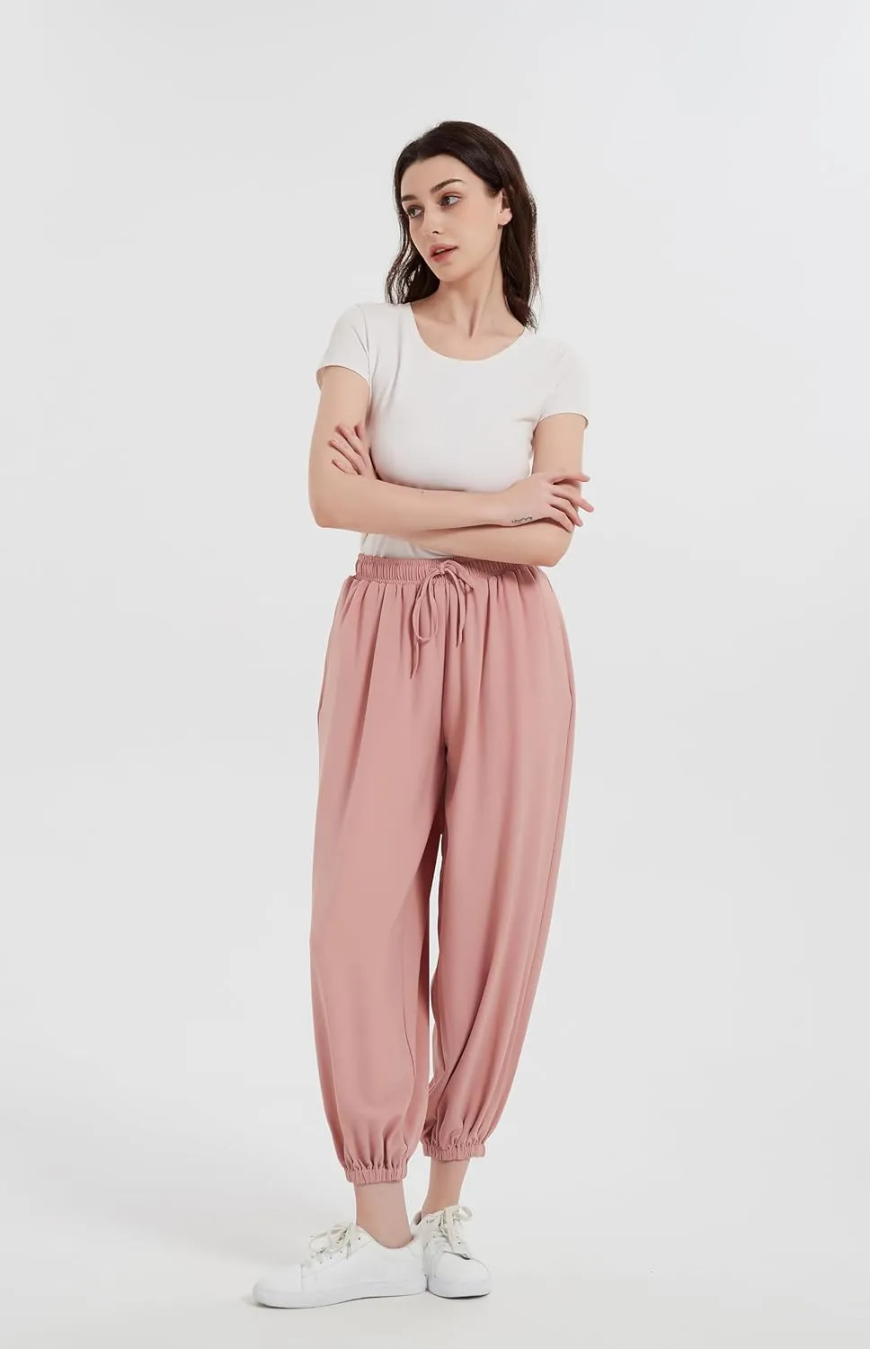 Tronjori Womens Baggy Elastic Waistband Pants High Waist Casual Wide Leg Loose Trousers Drawstring Cinch Bottom