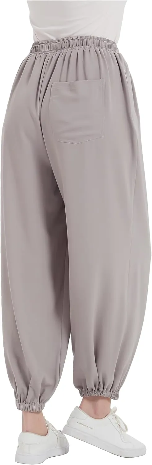 Tronjori Womens Baggy Elastic Waistband Pants High Waist Casual Wide Leg Loose Trousers Drawstring Cinch Bottom