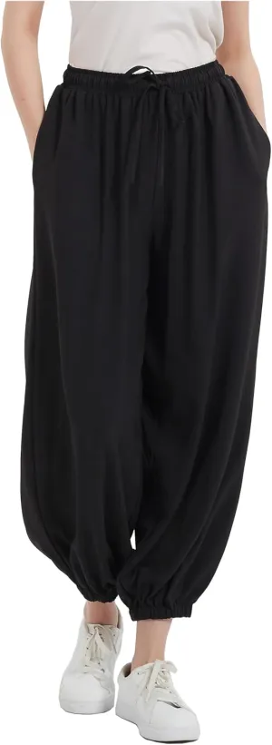 Tronjori Womens Baggy Elastic Waistband Pants High Waist Casual Wide Leg Loose Trousers Drawstring Cinch Bottom