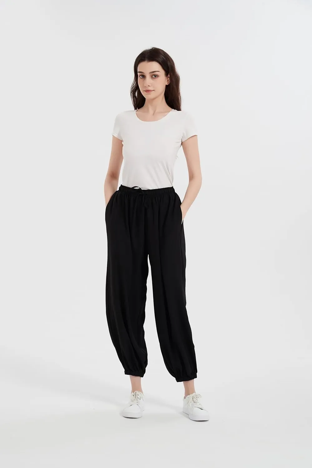 Tronjori Womens Baggy Elastic Waistband Pants High Waist Casual Wide Leg Loose Trousers Drawstring Cinch Bottom