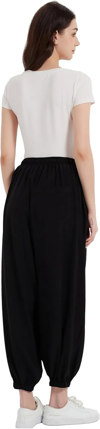 Tronjori Womens Baggy Elastic Waistband Pants High Waist Casual Wide Leg Loose Trousers Drawstring Cinch Bottom