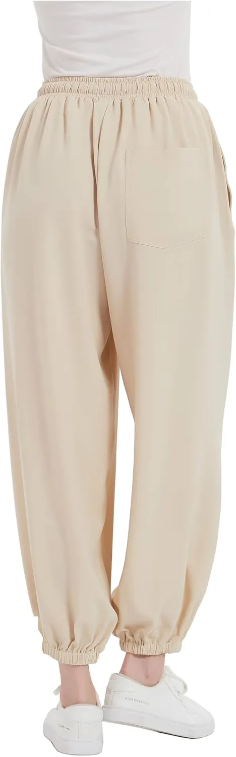 Tronjori Womens Baggy Elastic Waistband Pants High Waist Casual Wide Leg Loose Trousers Drawstring Cinch Bottom