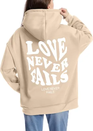 Tuislay Oversized Graphic Hoodies for Women Love Never Fails Cute Preppy Sweatshirt Aesthetic Teen Girls Hooded Pullover