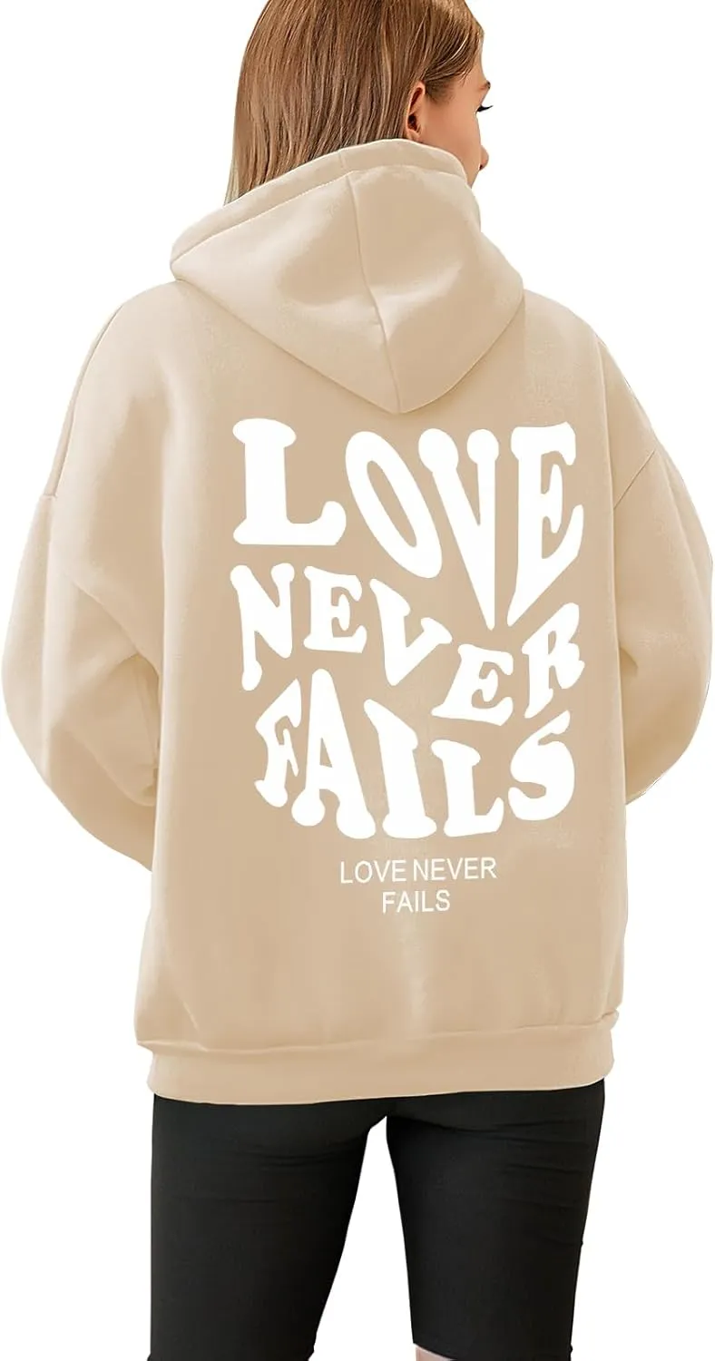Tuislay Oversized Graphic Hoodies for Women Love Never Fails Cute Preppy Sweatshirt Aesthetic Teen Girls Hooded Pullover