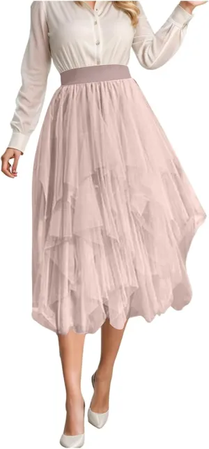 Tulle Skirts for Women A-Line High Low Asymmetrical Layered Midi Skirt Ladies Elastic Waist Irregular Mesh Tutu Skirt