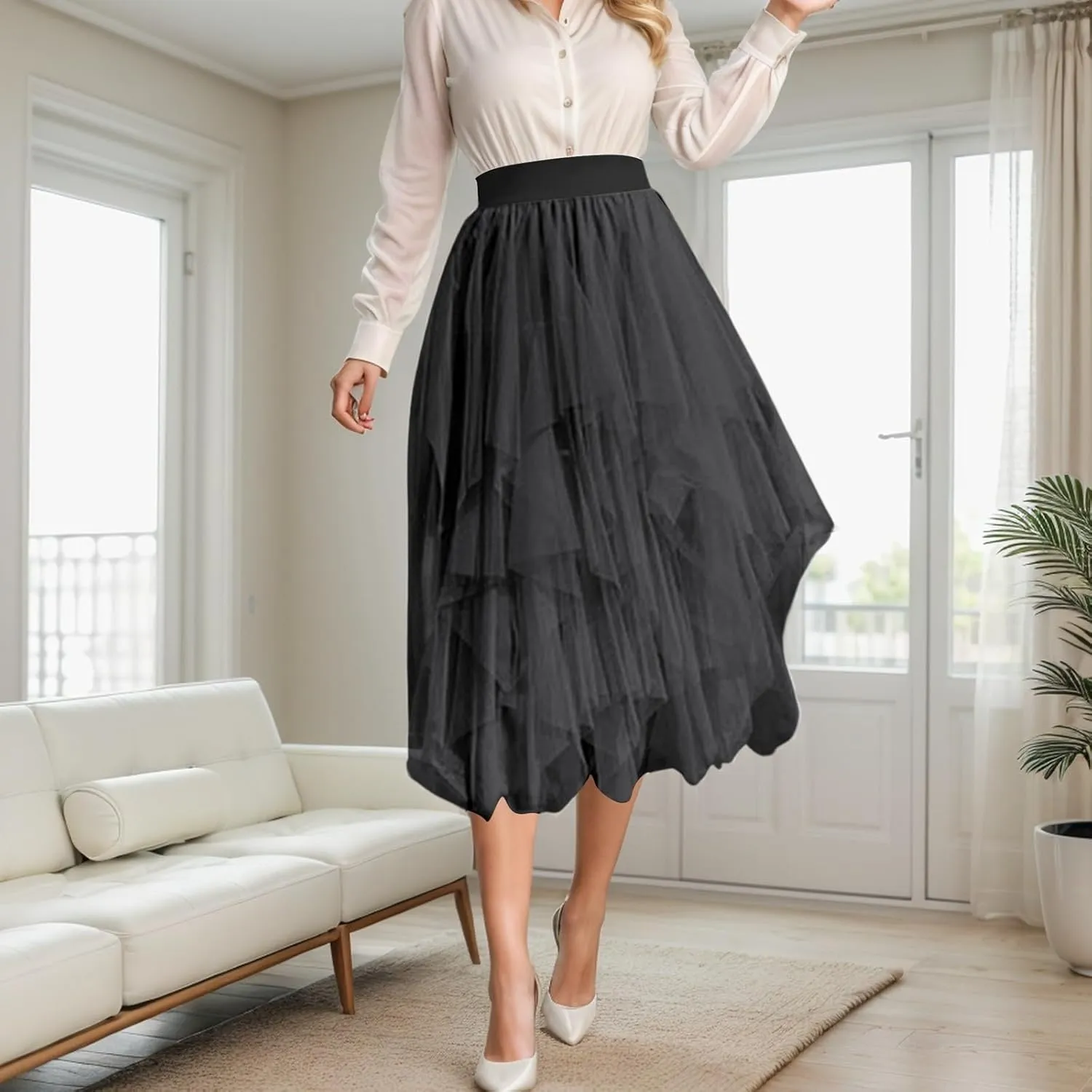 Tulle Skirts for Women A-Line High Low Asymmetrical Layered Midi Skirt Ladies Elastic Waist Irregular Mesh Tutu Skirt