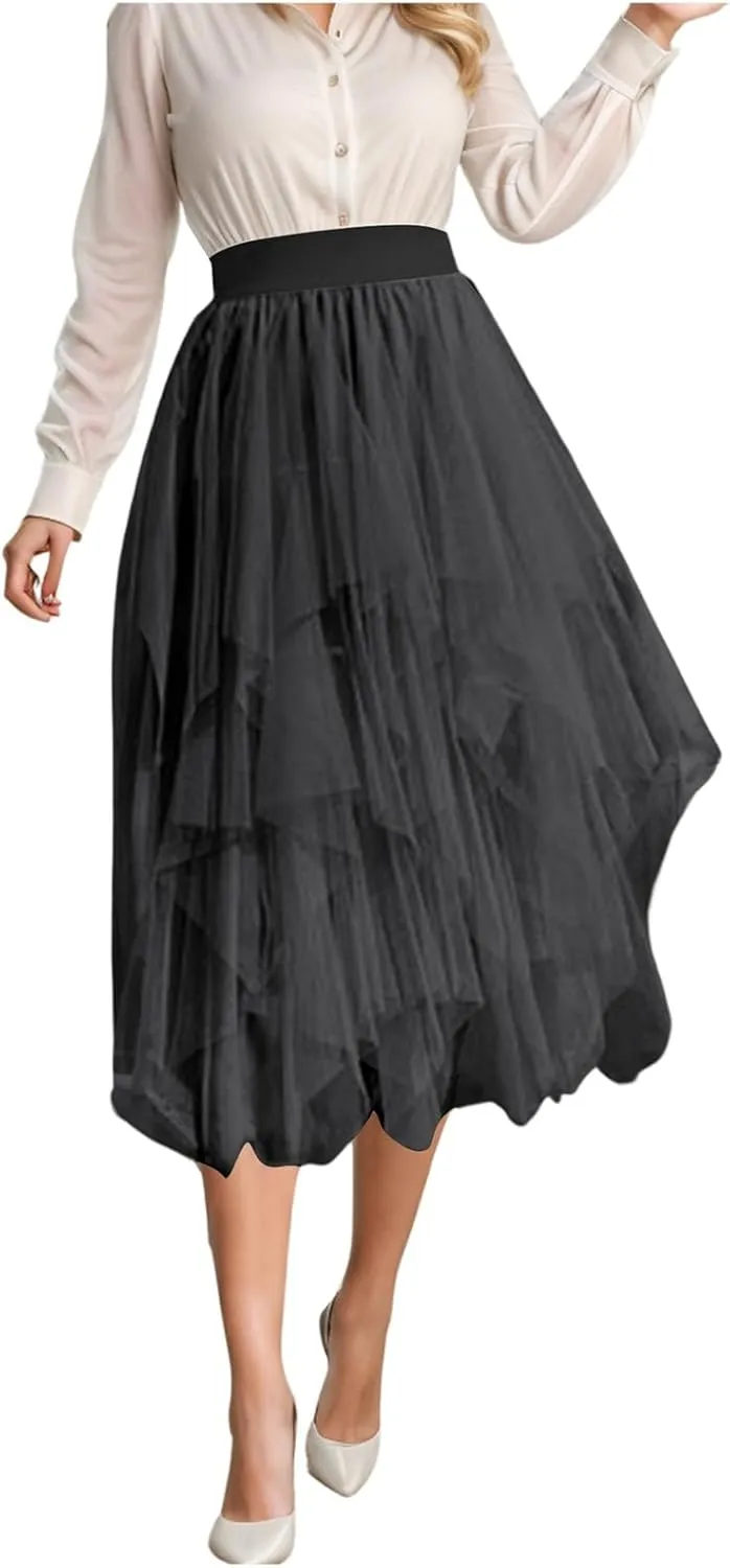 Tulle Skirts for Women A-Line High Low Asymmetrical Layered Midi Skirt Ladies Elastic Waist Irregular Mesh Tutu Skirt