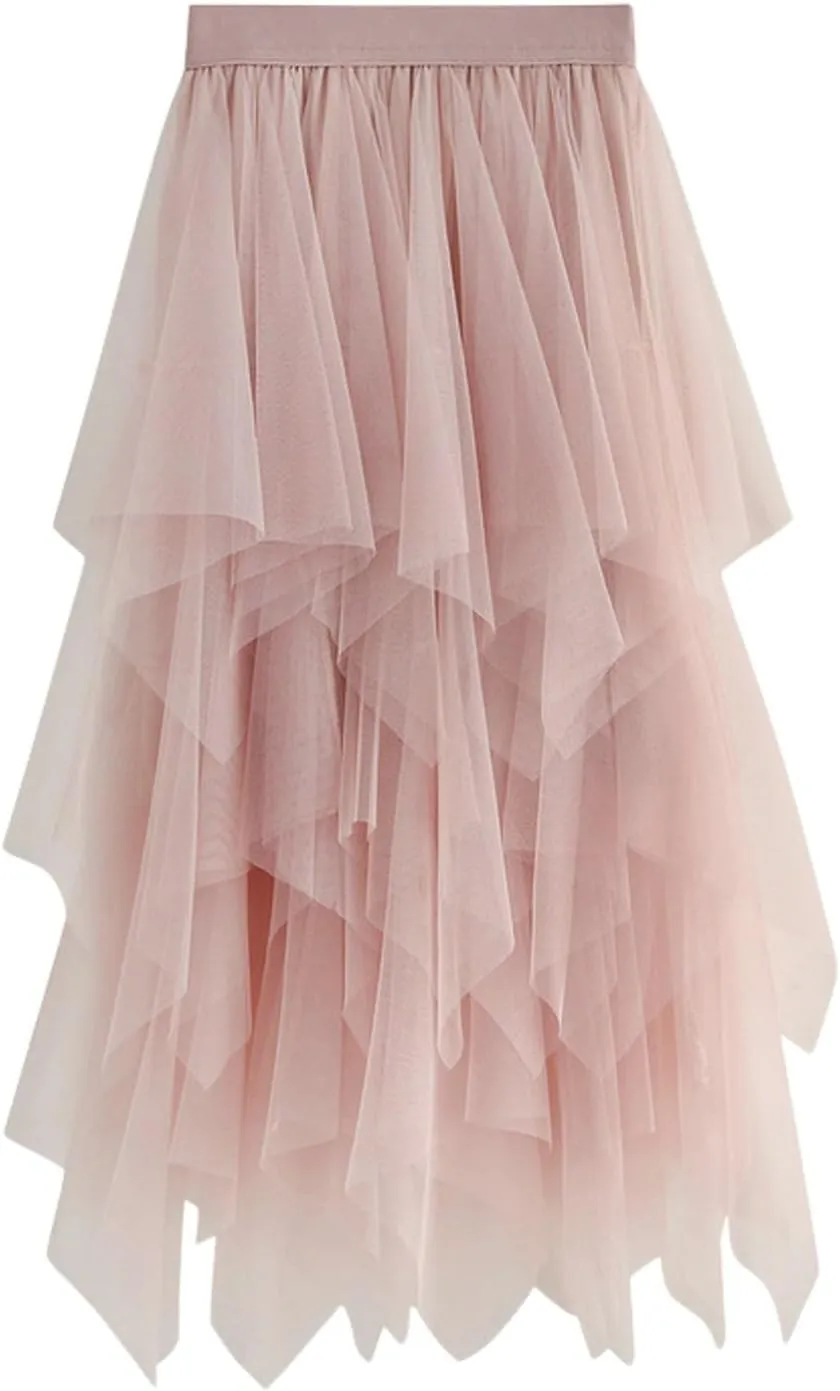Tulle Skirts for Women A-Line High Low Asymmetrical Layered Midi Skirt Ladies Elastic Waist Irregular Mesh Tutu Skirt