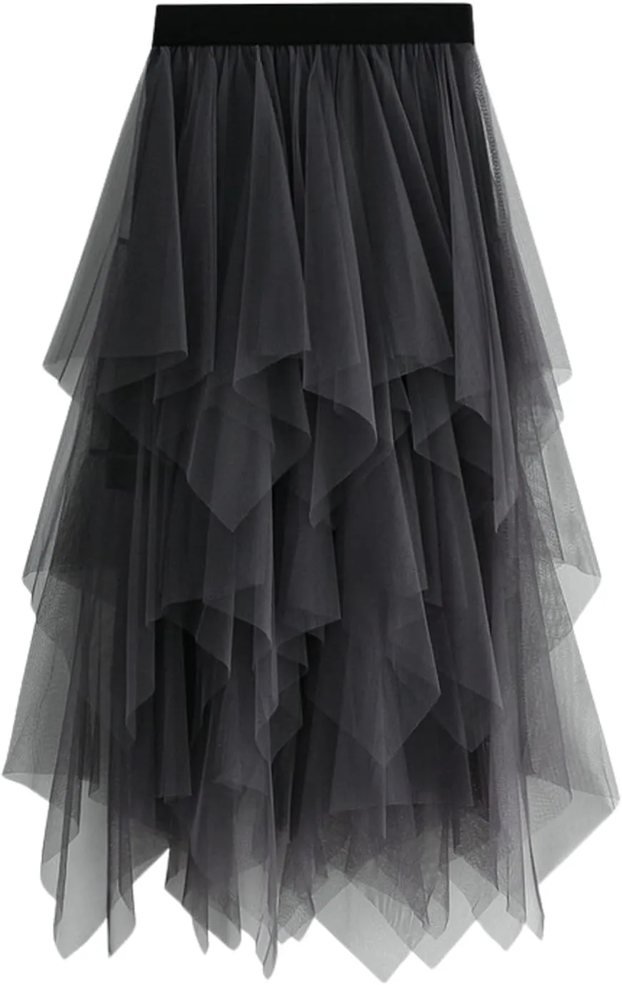 Tulle Skirts for Women A-Line High Low Asymmetrical Layered Midi Skirt Ladies Elastic Waist Irregular Mesh Tutu Skirt